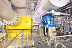 This pipeline compressor (left) is driven by a steam turbine in a natural gas station located in Mallnow, Germany.