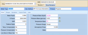 The meter tab in a Flow-Cal application characteristic editor displays some of the configuration information from the meter, such as meter type, meter factor and DMF. 